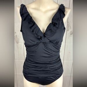 Lauren Ralph Lauren Black Ruffle Ruched Underwire One Piece Swim Bathing Suit